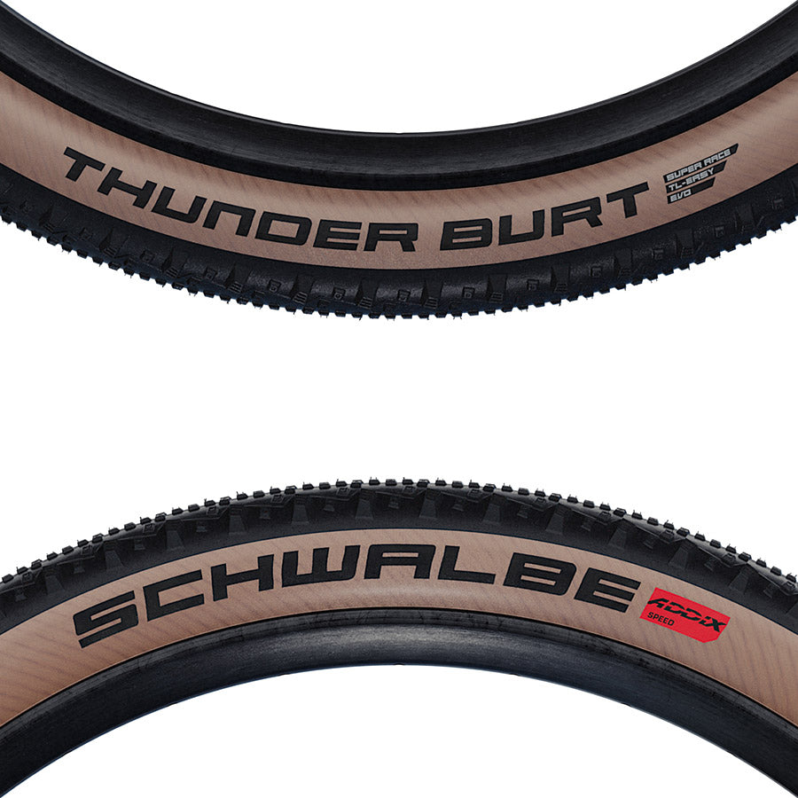 011013-17-29::2::011013-17-29::Schwalbe, Thunder Burt, Pneu de VTT, 29x2.10, Pliable, Tubeless Ready, Addix Speed, Super Race, 67TPI, Transparent Skinwall