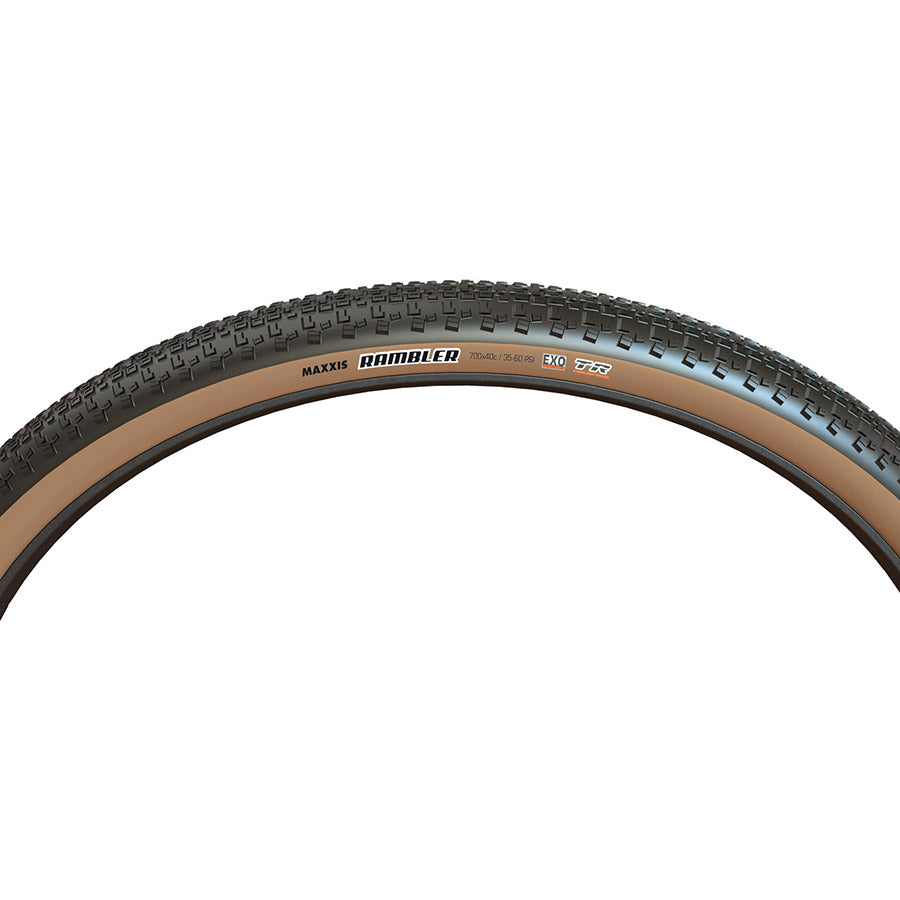 011484-14-700::1::011484-14-700::Maxxis, Rambler, Pneu Gravel, 700x38C, Pliable, Tubeless Ready, Dual, EXO, 60TPI, Flanc Beige