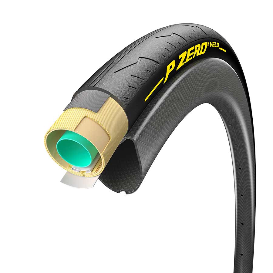 011753-01-700::7::011753-01-700::Pirelli, P ZERO Velo Tubular, Pneu de route, 700x25C, Boyau, YellowSOFT, TechBELT, 300TPI, Noir