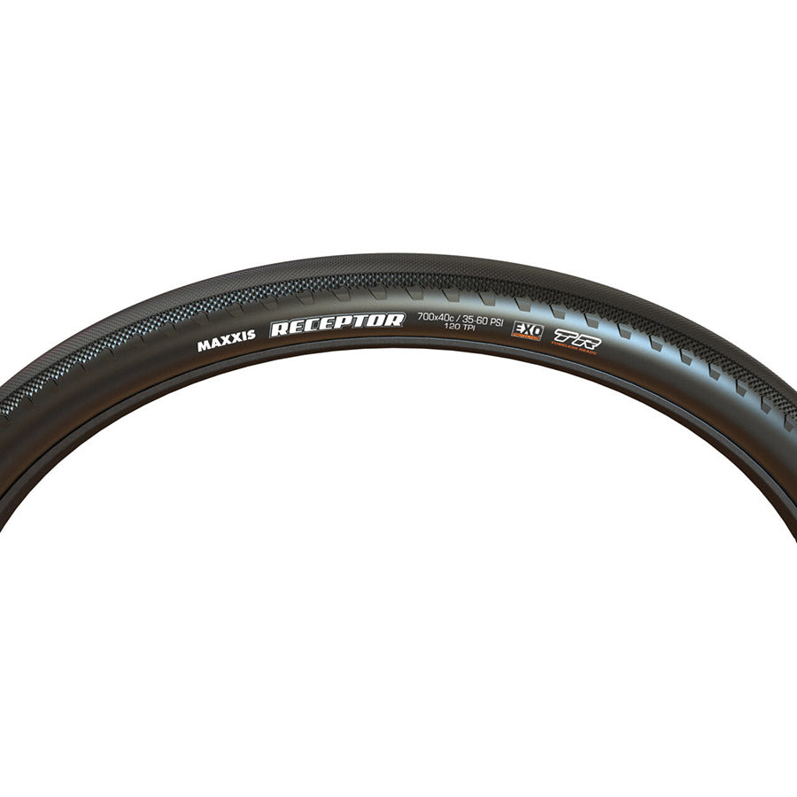 011837-02-700::2::011837-02-700::Maxxis, Receptor, Pneu Gravel, 700x40C, Pliable, Tubeless Ready, Dual, EXO, 120TPI, Noir
