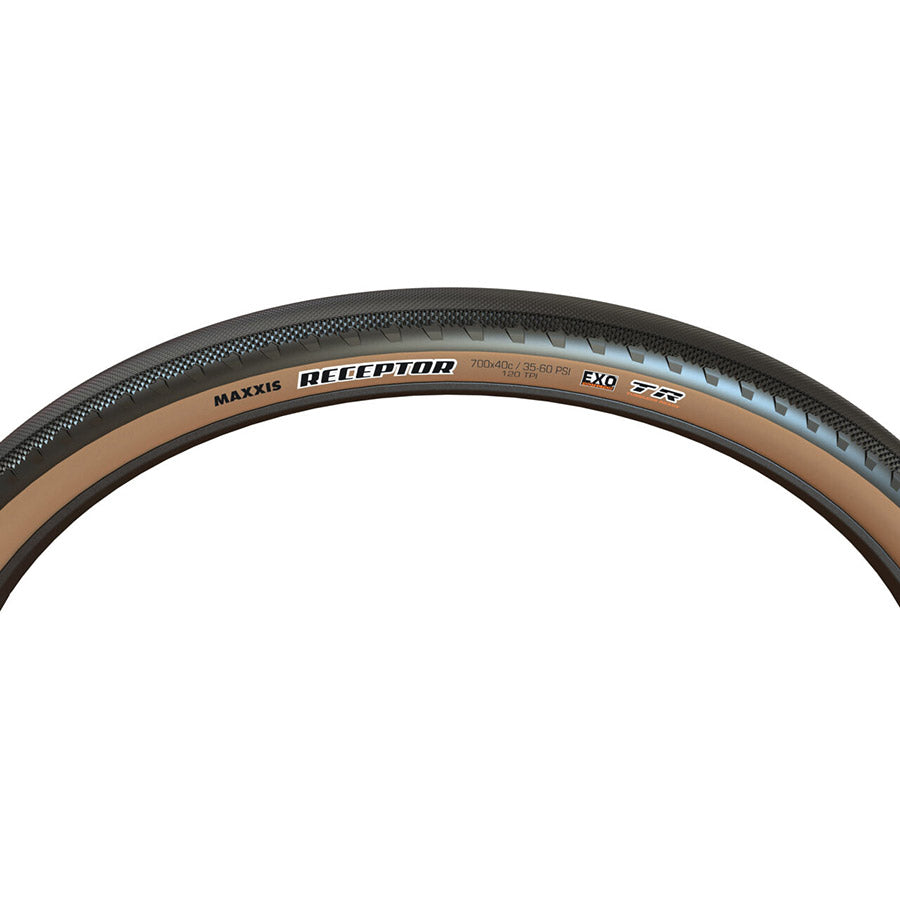 011837-04-700::2::011837-04-700::Maxxis, Receptor, Pneu Gravel, 700x40C, Pliable, Tubeless Ready, Dual, EXO, 120TPI, Flanc Beige