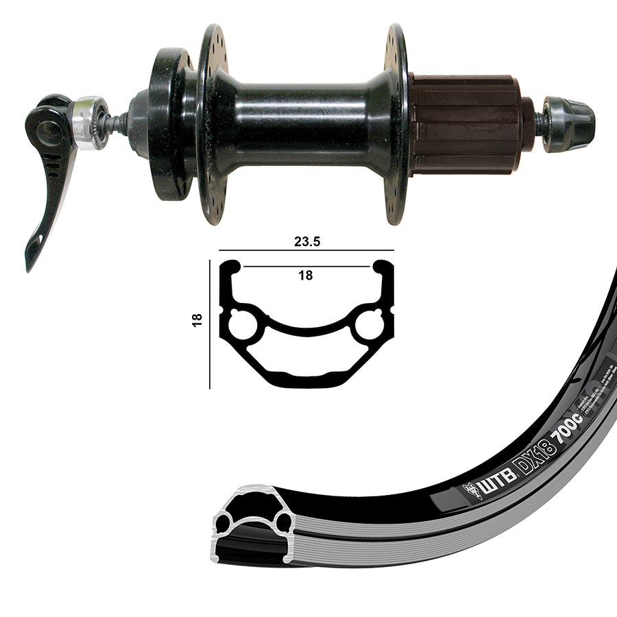041816-02-700::2::041816-02-700::Wheel Shop, WTB DX18, Roue, Arrière, 700C / 622, Trous: 36, QR, 135mm, Jante et disque IS 6-boulons, Shimano HG