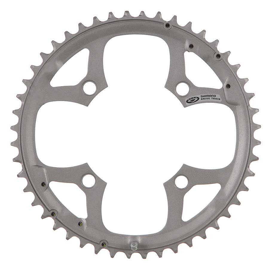 390042-01::0::390042-01::Shimano, Y1DS98210, 48D, 9vit., BCD: 104mm, 4 Boulons, Deore FC-M510, Plateau Extérieur, Pour 26/36/48, Aluminium, Argent