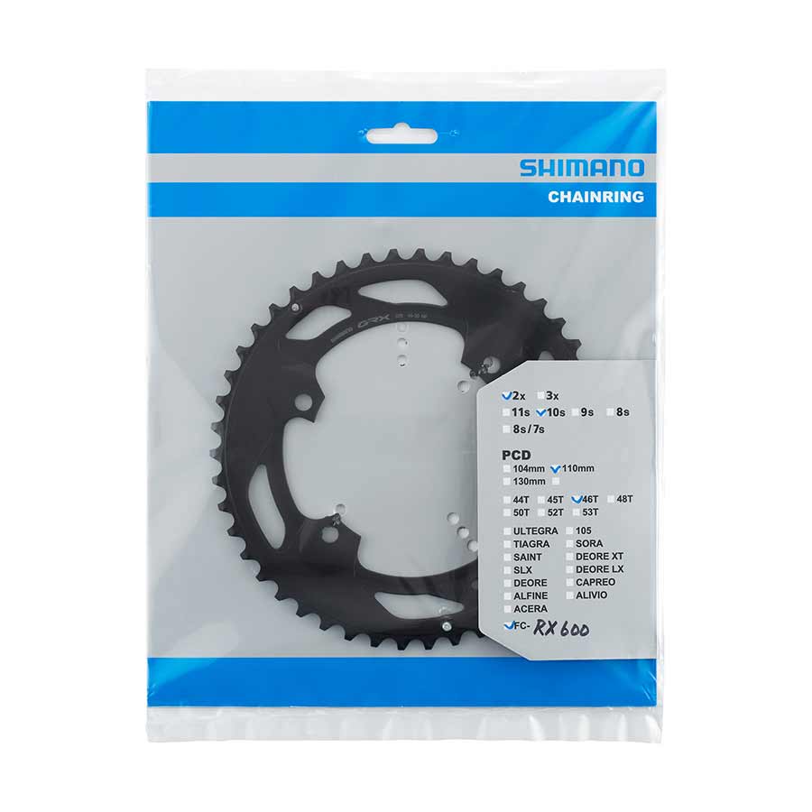391110-02::1::391110-02::Shimano, GRX FC-RX600 2x10 / 2x11, Plateau, Dents: 46, Vitesses: 10, BCD: 110, Boulons: 4, Extérieur, Aluminium, Noir