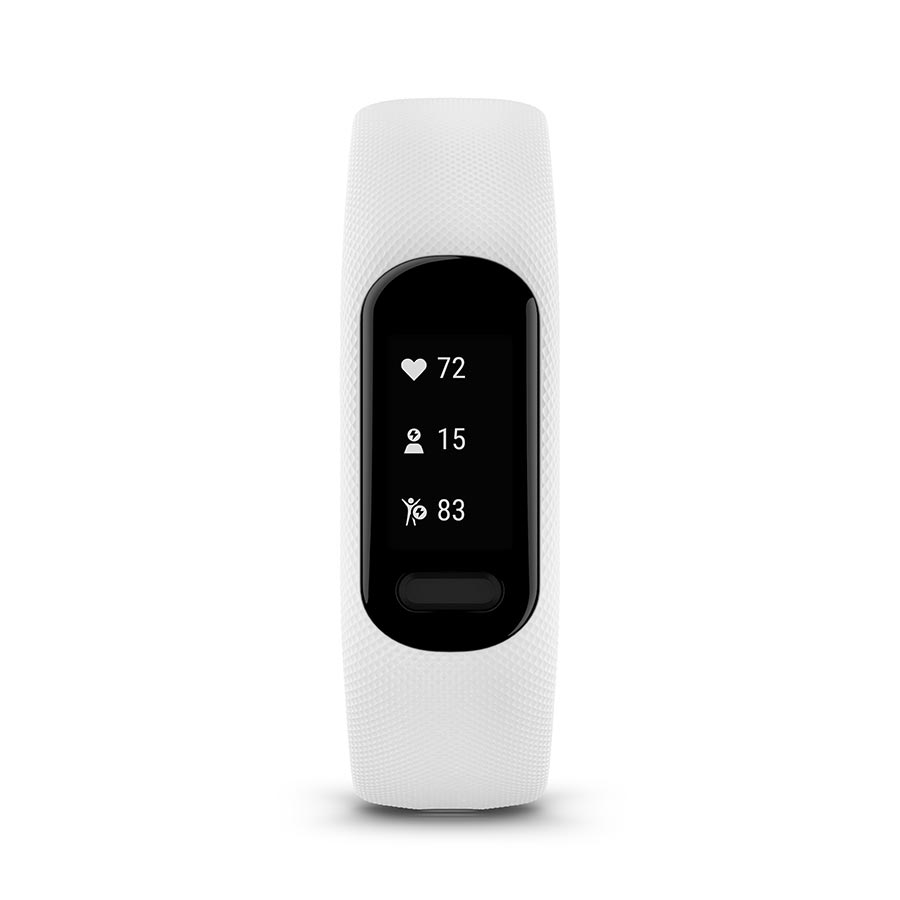 650465-02::1::650465-02::Garmin, vivosmart 5 S/M, Montre, Couleur de la montre: Noir, Bracelet: Blanc - Silicone