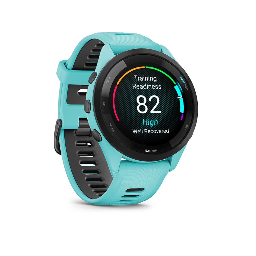 650484-02::2::650484-02::Garmin, Forerunner 265 Music, Montre, Couleur de la montre: Aqua, Bracelet: Aqua/Noir - Silicone