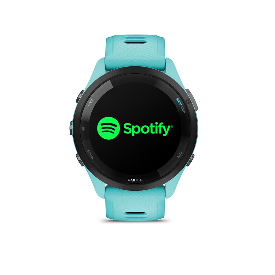 650484-02::5::650484-02::Garmin, Forerunner 265 Music, Montre, Couleur de la montre: Aqua, Bracelet: Aqua/Noir - Silicone