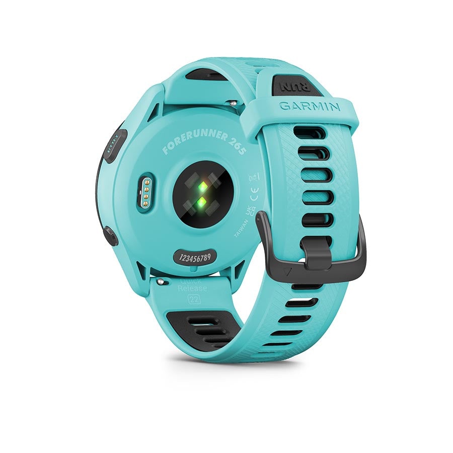 650484-02::6::650484-02::Garmin, Forerunner 265 Music, Montre, Couleur de la montre: Aqua, Bracelet: Aqua/Noir - Silicone