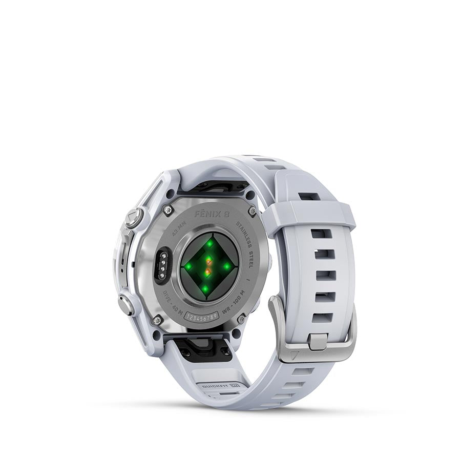 650529-01::4::650529-01::Garmin, fenix 8 AMOLED 43mm, Montre, Couleur de la montre: Argent, Bracelet: Pierre Blanche - Silicone