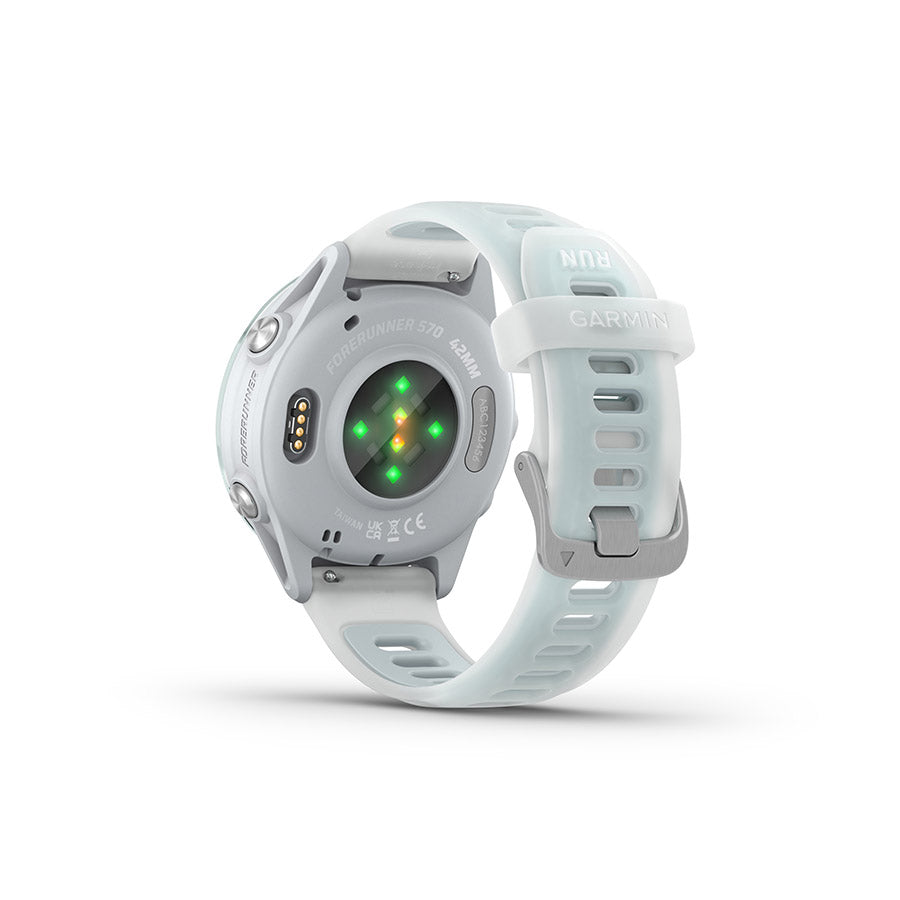 650552-02::6::650552-02::Garmin, Forerunner 570 42mm, Montre, Couleur de la montre: Bleu Nuage, Bracelet: Pierre Blanche Translucide/Bleu Nuage - Silicone