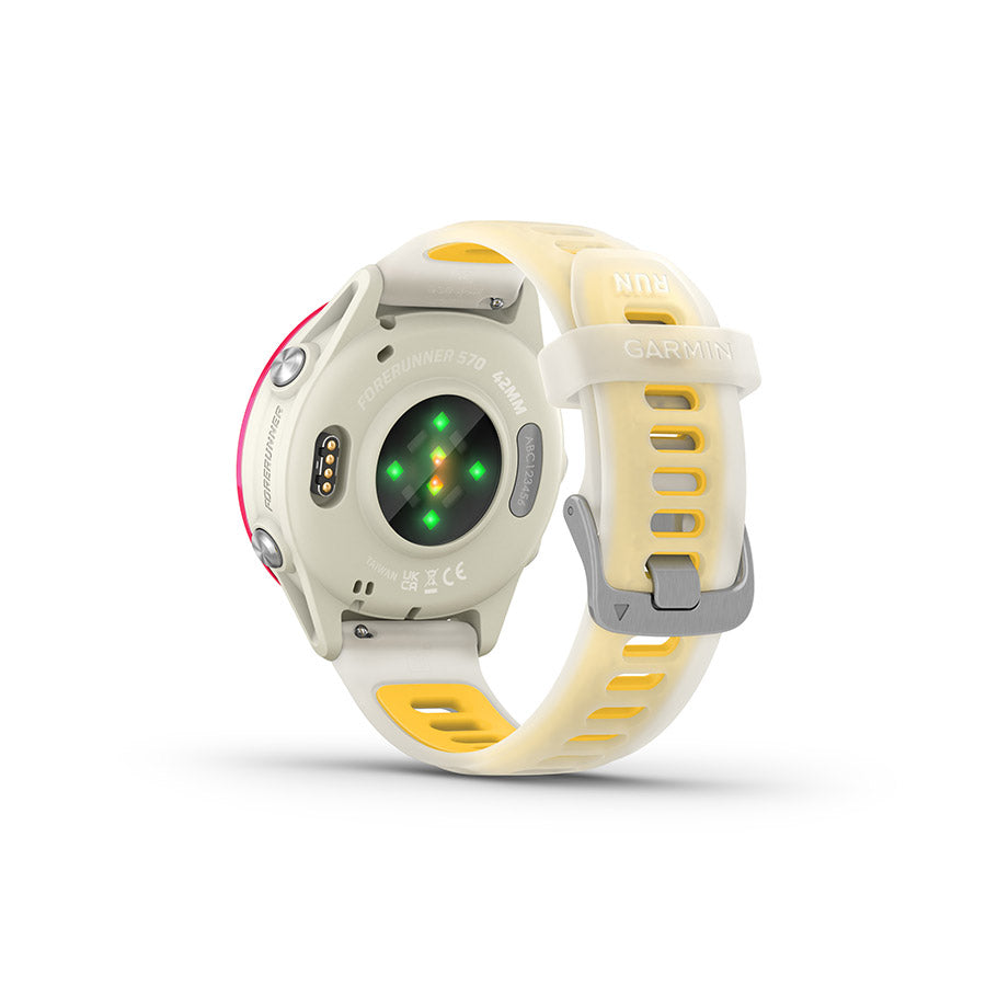 650552-03::6::650552-03::Garmin, Forerunner 570 42mm, Montre, Couleur de la montre: Os, Bracelet: Os Translucide/Mangue - Silicone