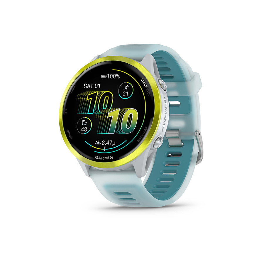650553-02::0::650553-02::Garmin, Forerunner 570 47mm, Montre, Couleur de la montre: Pierre Blanche, Bracelet: Pierre Blanche Translucide/Turquoise - Silicone