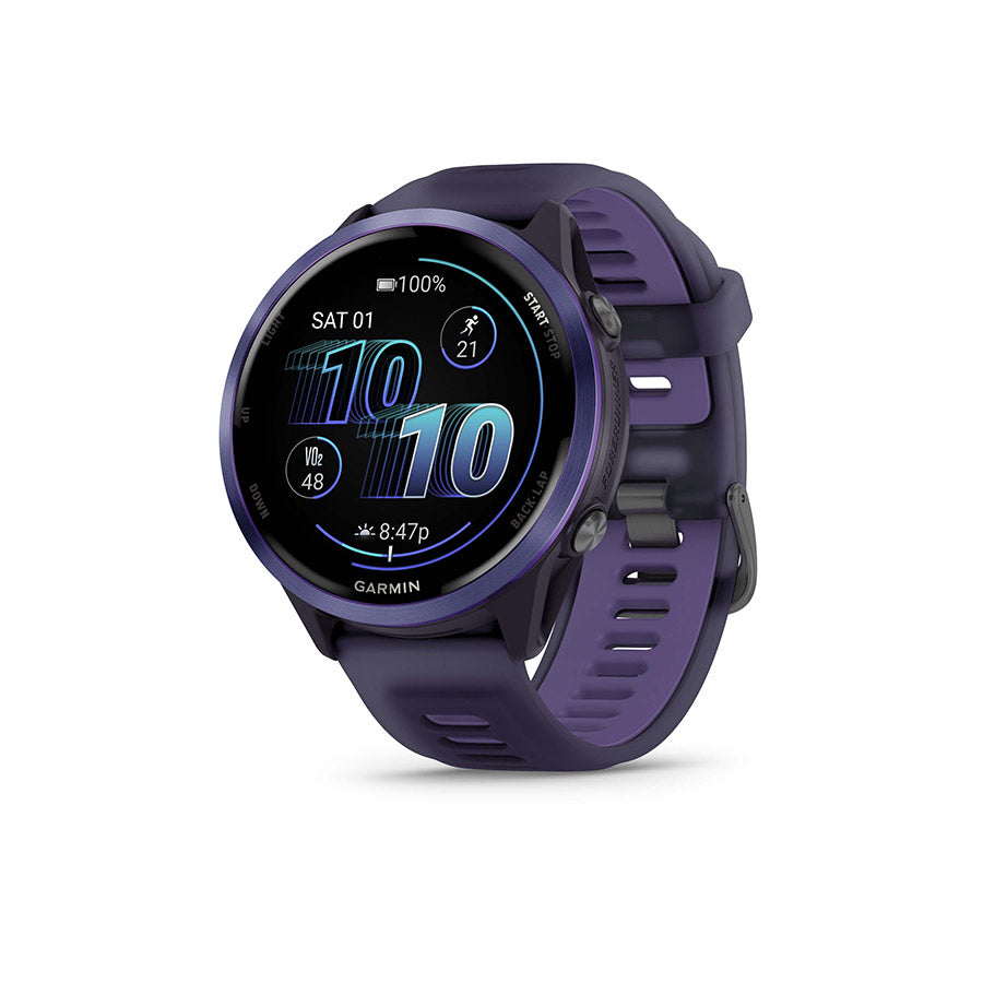 650553-03::0::650553-03::Garmin, Forerunner 570 47mm, Montre, Couleur de la montre: Indigo, Bracelet: Mauve Impérial Translucide/Indigo - Silicone