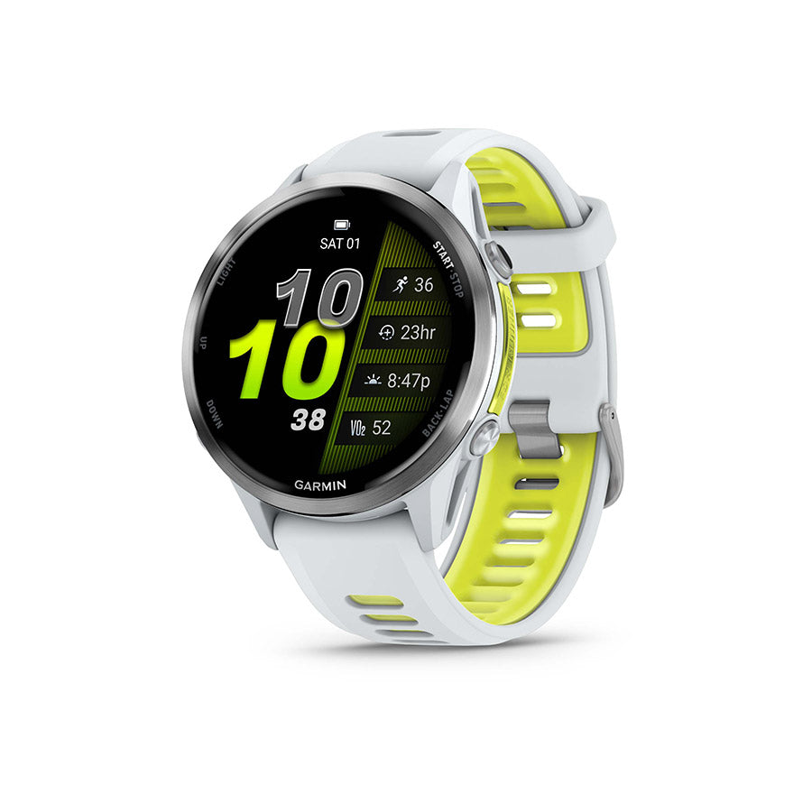 650554-02::0::650554-02::Garmin, Forerunner 970, Montre, Couleur de la montre: Pierre Blanche, Bracelet: Pierre Blanche/Jaune Amp Translucide - Silicone