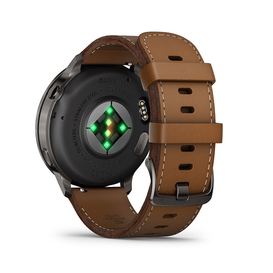 650562-04::6::650562-04::Garmin, Venu 4 45mm, Montre, Couleur de la montre: Ardoise, Bracelet: Brun - Cuir