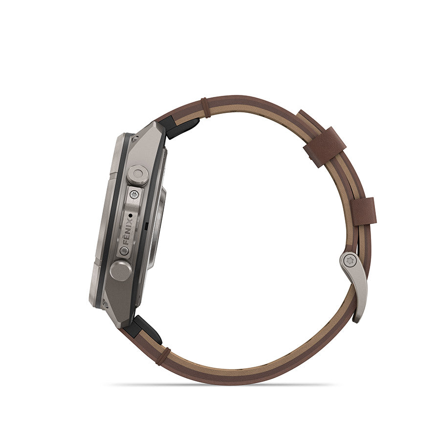 650573-04::3::650573-04::Garmin, fenix 9 Pro inReach 47mm, Montre, Couleur de la montre: Titane, Bracelet: Noyer - Cuir