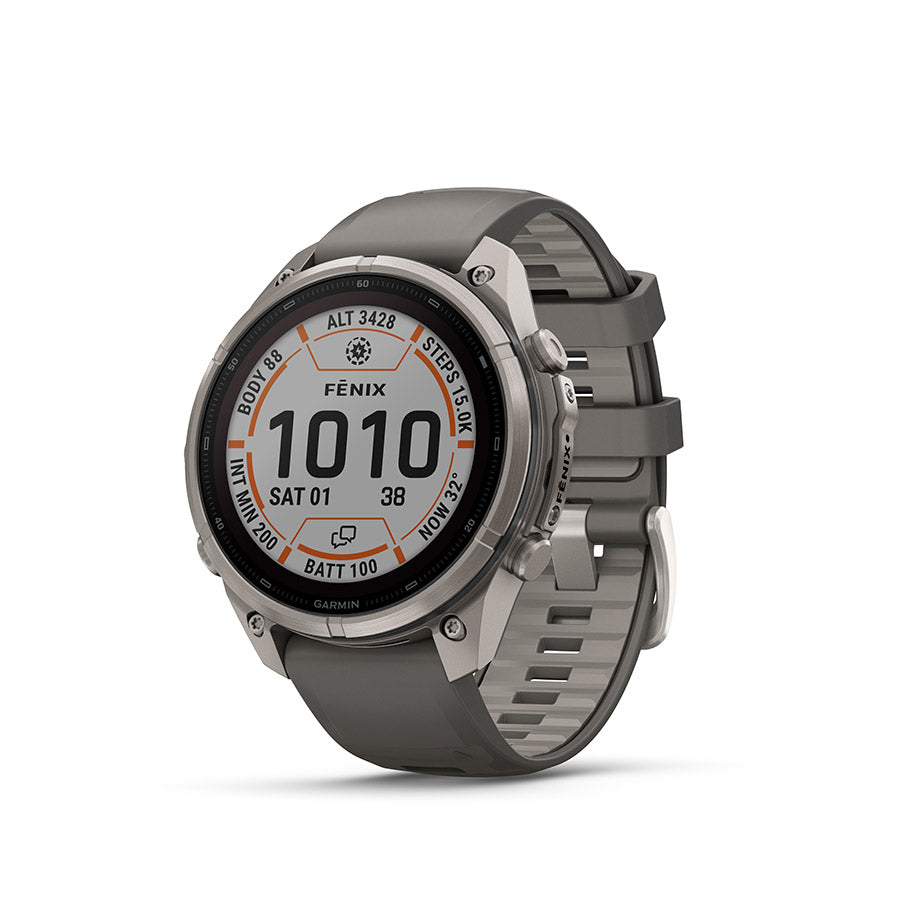 650574-01::0::650574-01::Garmin, fenix 9 Pro inReach Solar 47mm, Montre, Couleur de la montre: Titane, Bracelet: Gris galet/ Gris argent - Silicone