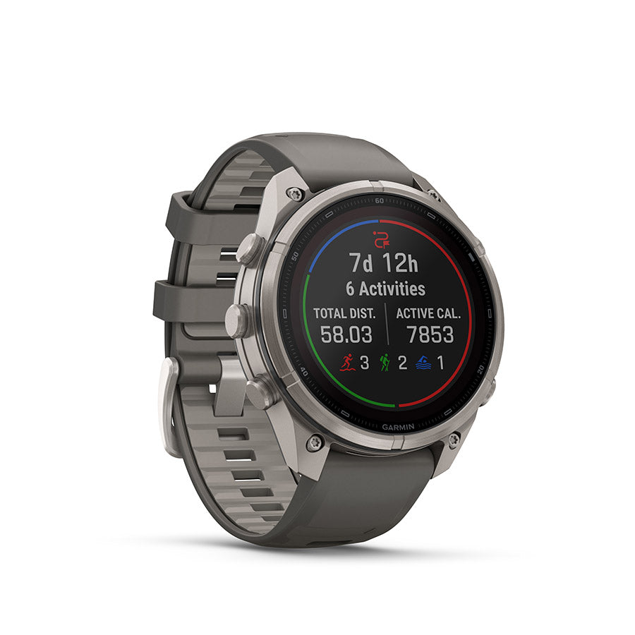 650574-01::1::650574-01::Garmin, fenix 9 Pro inReach Solar 47mm, Montre, Couleur de la montre: Titane, Bracelet: Gris galet/ Gris argent - Silicone