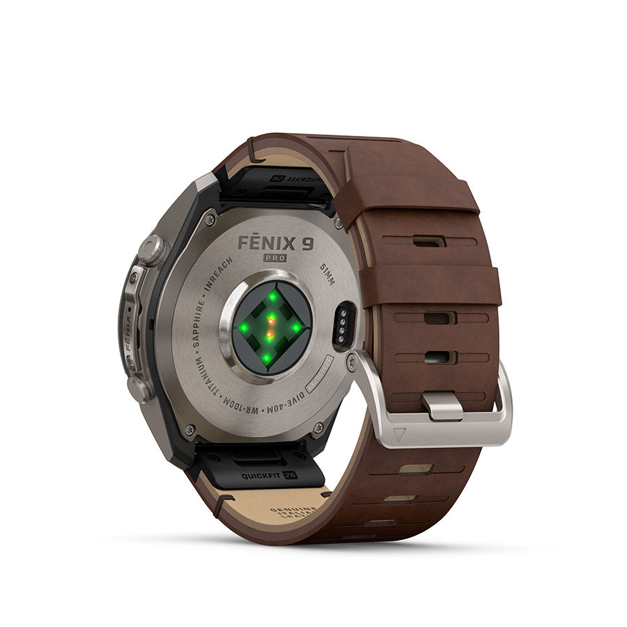 650575-04::2::650575-04::Garmin, fenix 9 Pro inReach 51mm, Montre, Couleur de la montre: Titane, Bracelet: Noyer - Cuir