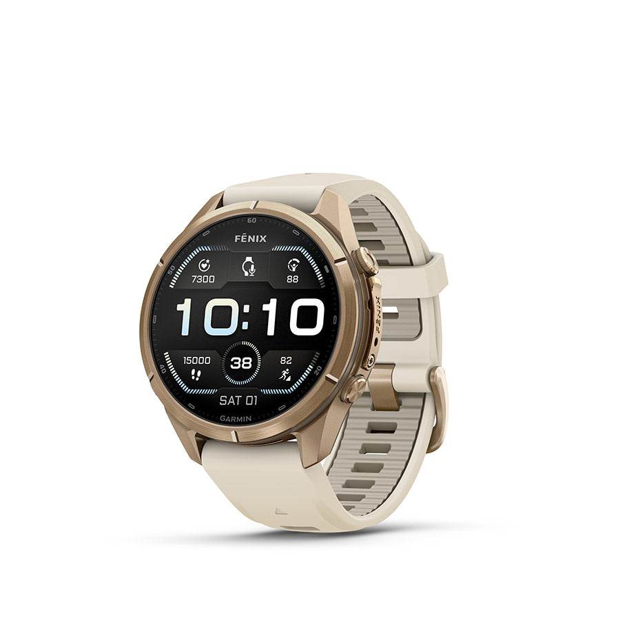 650577-03::0::650577-03::Garmin, fenix 9 Pro 43mm, Montre, Couleur de la montre: Or, Bracelet: Crème/ Gris français - Silicone