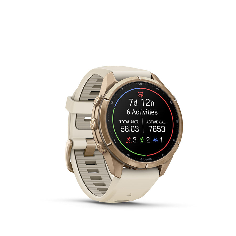 650577-03::1::650577-03::Garmin, fenix 9 Pro 43mm, Montre, Couleur de la montre: Or, Bracelet: Crème/ Gris français - Silicone