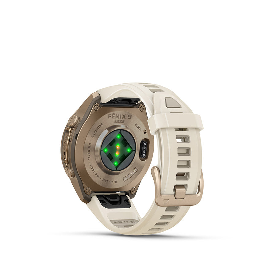 650577-03::2::650577-03::Garmin, fenix 9 Pro 43mm, Montre, Couleur de la montre: Or, Bracelet: Crème/ Gris français - Silicone