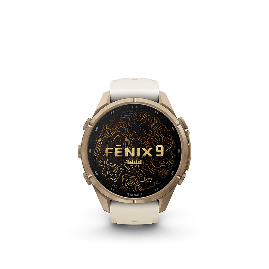650577-03::4::650577-03::Garmin, fenix 9 Pro 43mm, Montre, Couleur de la montre: Or, Bracelet: Crème/ Gris français - Silicone