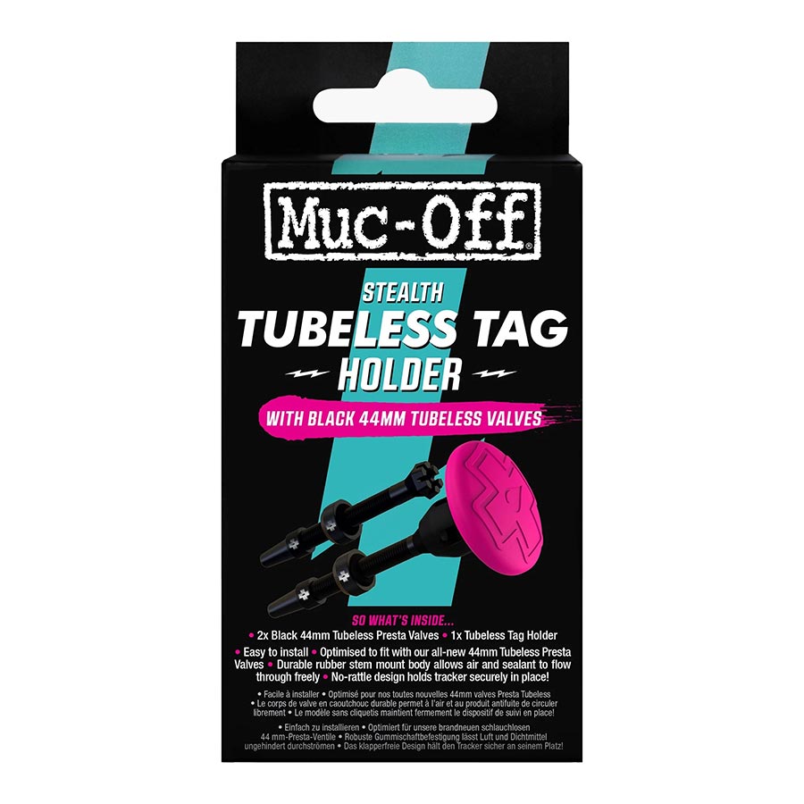 660347-02::4::660347-02::Muc-Off, Tubeless Tag Holder avec Ensemble de Valves 44mm, Noir/Rose