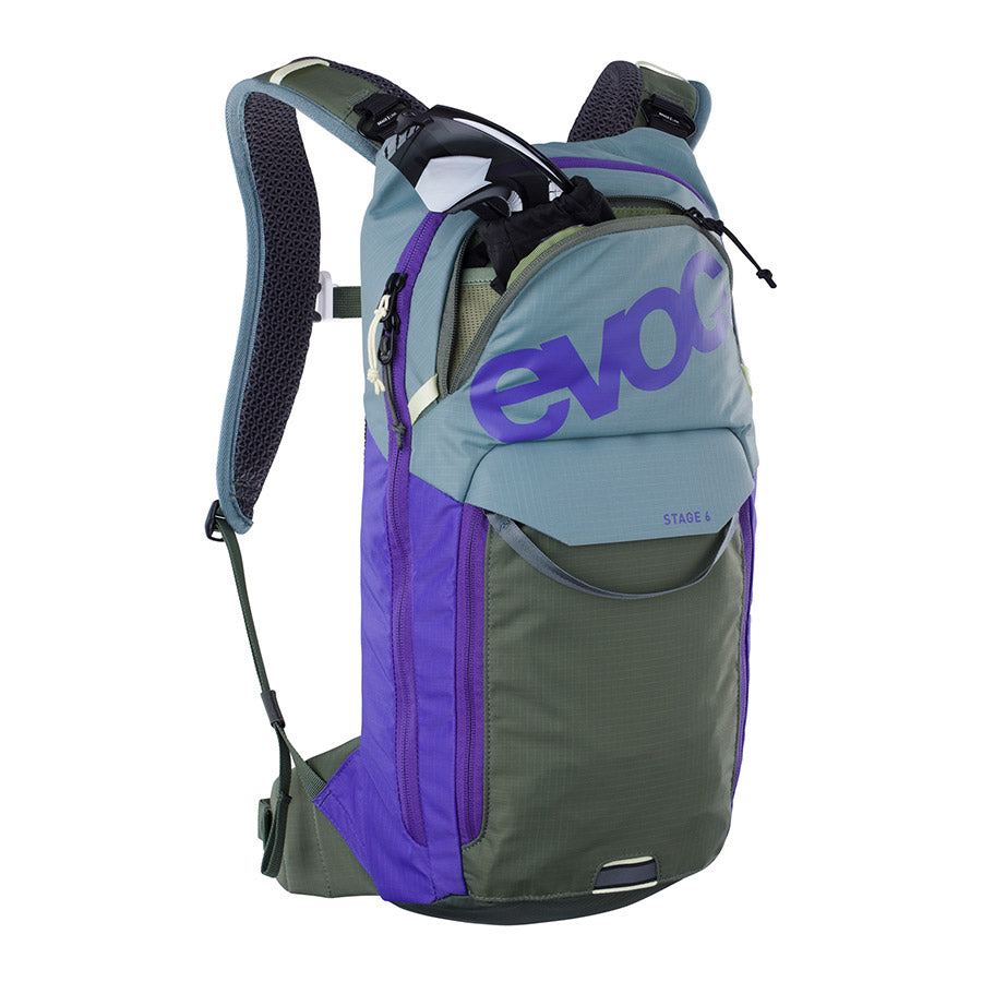 721512-05::2::721512-05::EVOC, Stage 6 + Réservoir 2L, Sac d'hydratation, Volume: 6L, Réservoir: Inclus (2L), Acier/Violet/Olive Foncée