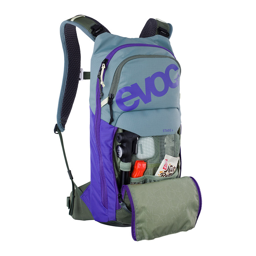 721512-05::3::721512-05::EVOC, Stage 6 + Réservoir 2L, Sac d'hydratation, Volume: 6L, Réservoir: Inclus (2L), Acier/Violet/Olive Foncée