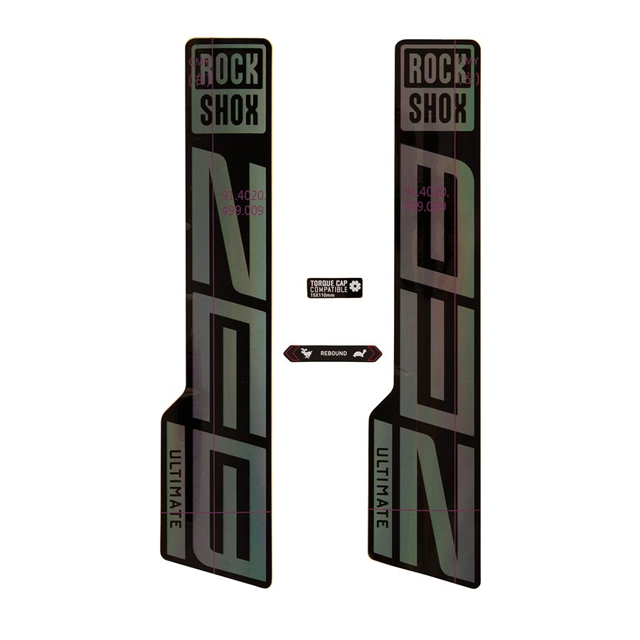 942611-03::0::942611-03::Rockshox, Autocollants ZEB Ultimate, Arc-en-Ciel Lustré pour jambage Noir Lustré
