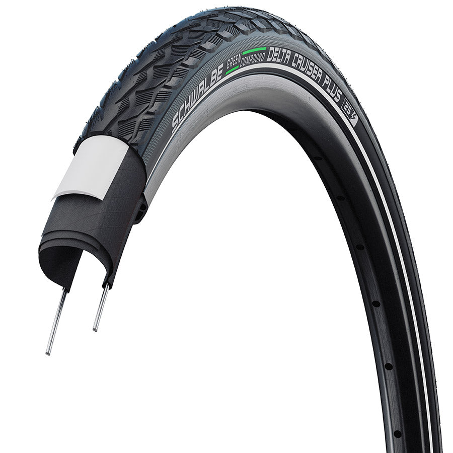 011773-08-700::2::011773-08-700::Schwalbe, Delta Cruiser Plus, Hybrid Tire, 700x38C, Wire, Clincher, Green Compound, PunctureGuard, Reflex, 50TPI, Black