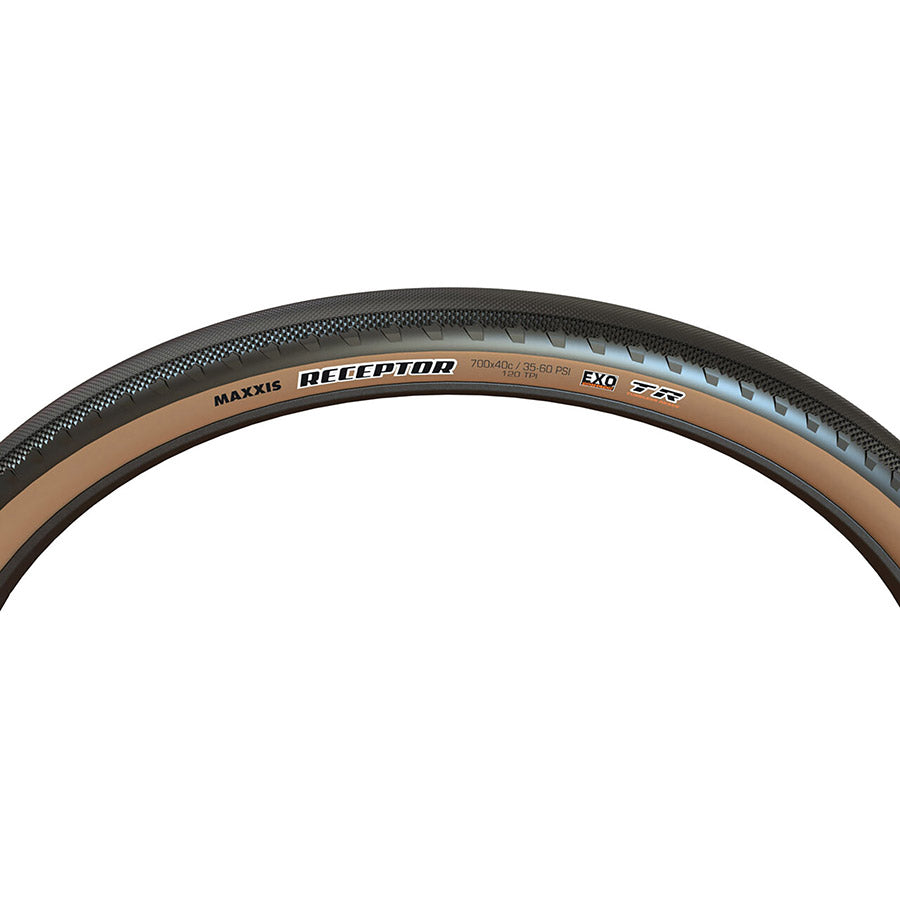 011837-05-700::2::011837-05-700::Maxxis, Receptor, Pneu Gravel, 700x40C, Pliable, Tubeless Ready, HYPR-X, EXO, 120TPI, Flanc Beige