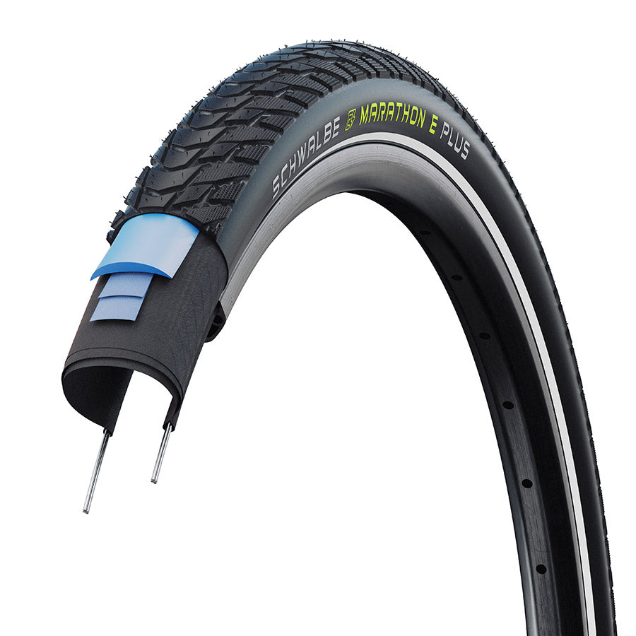 011883-11-700::3::011883-11-700::Schwalbe, Marathon E-Plus, Pneu pour hybride, 28''x2.15, Rigide, Tringle, Addix E, TwinSkin, 67TPI, Noir Bande Réfléshissante