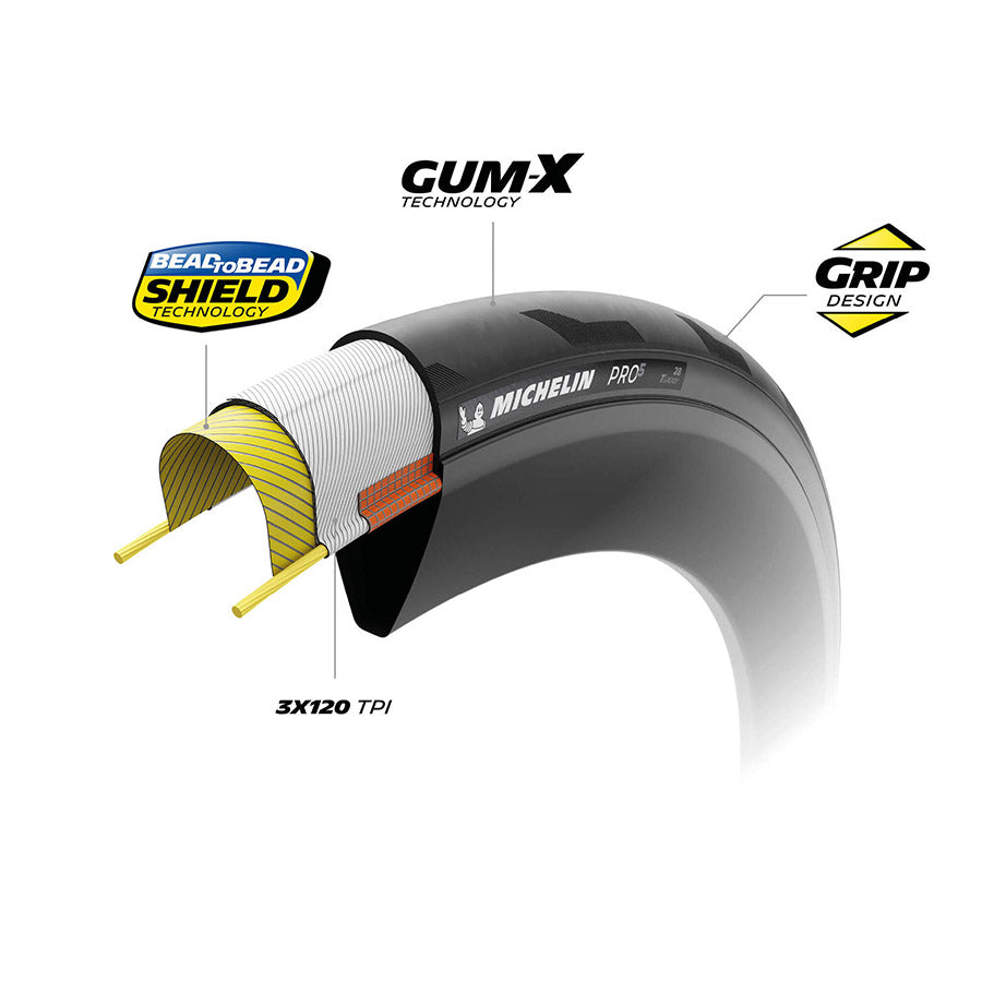 012132-03-700::2::012132-03-700::Michelin, PRO5 TLR, Pneu de route, 700x32C, Pliable, Tubeless Ready, GUM-X, Bead2Bead, 3x120, Noir