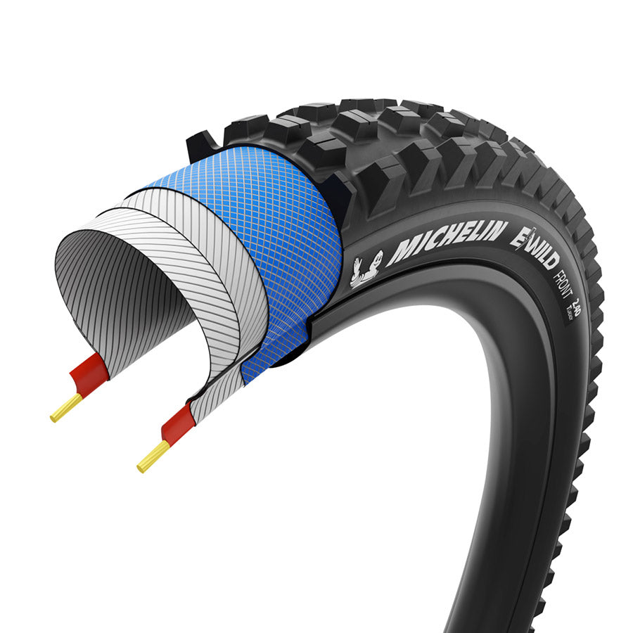 012175-03-29::5::012175-03-29::Michelin, E-WILD PERFORMANCE LINE Front, Pneu de VTT, 29x2.60, Pliable, Tubeless Ready, MAGI-X, GUM-X, 2x33, Noir