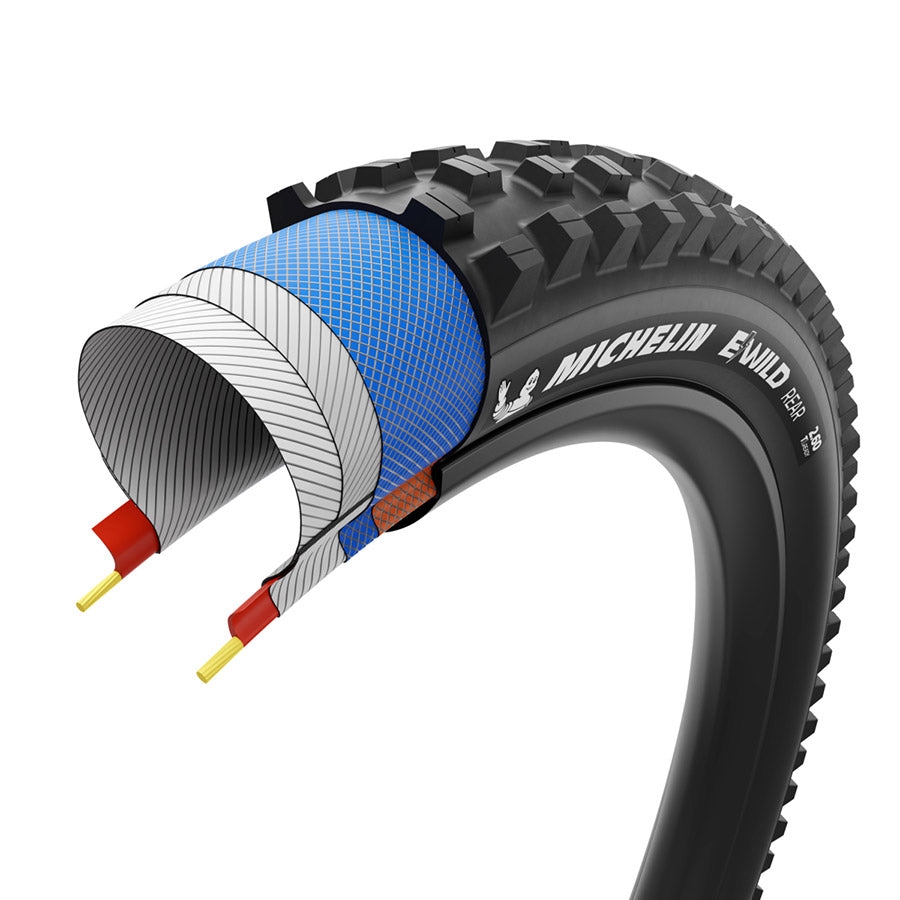 012176-02-275::5::012176-02-275::Michelin, E-WILD PERFORMANCE LINE Rear, Pneu de VTT, 27.5x2.80, Pliable, Tubeless Ready, MAGI-X, GUM-X, 2x33, Noir