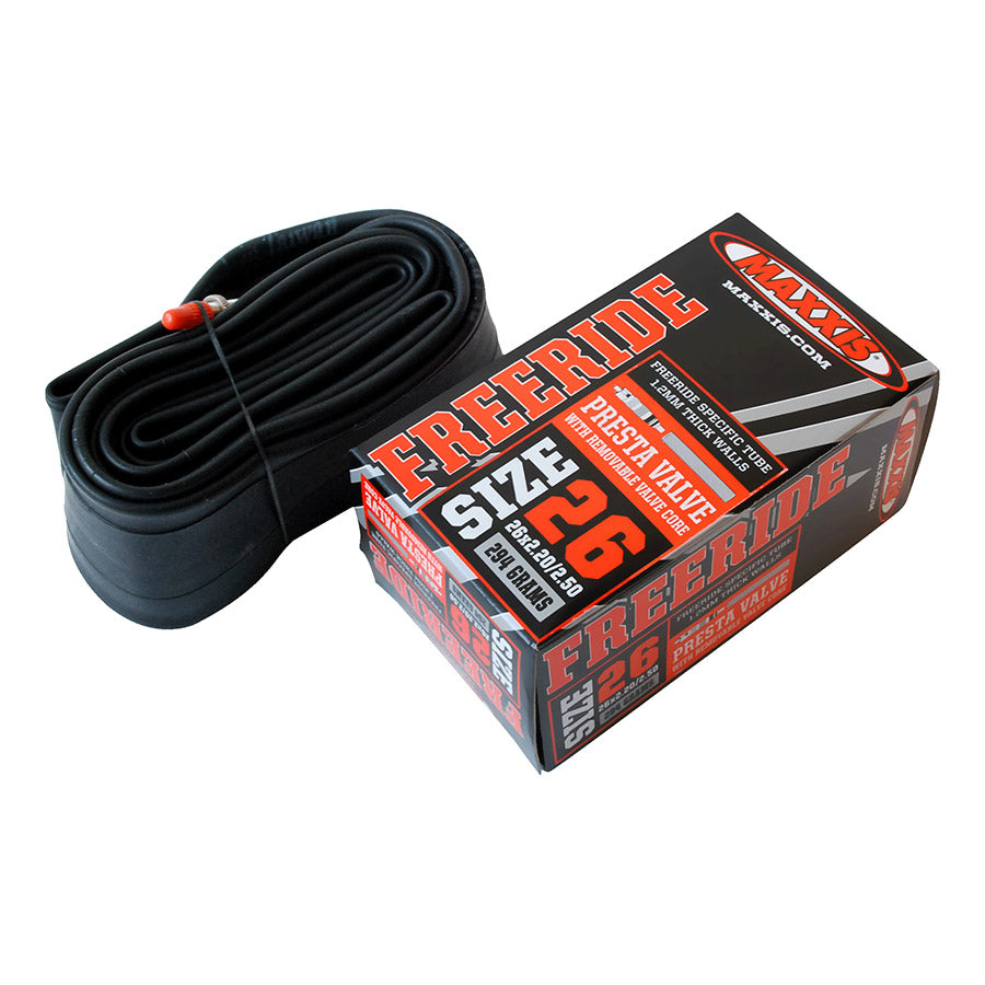 020258-01::0::020258-01::Maxxis, Freeride, Chambre à air, 1.20mm, Presta, Amovible, Longueur: 48mm, 26'', 2.20-2.50, 292g