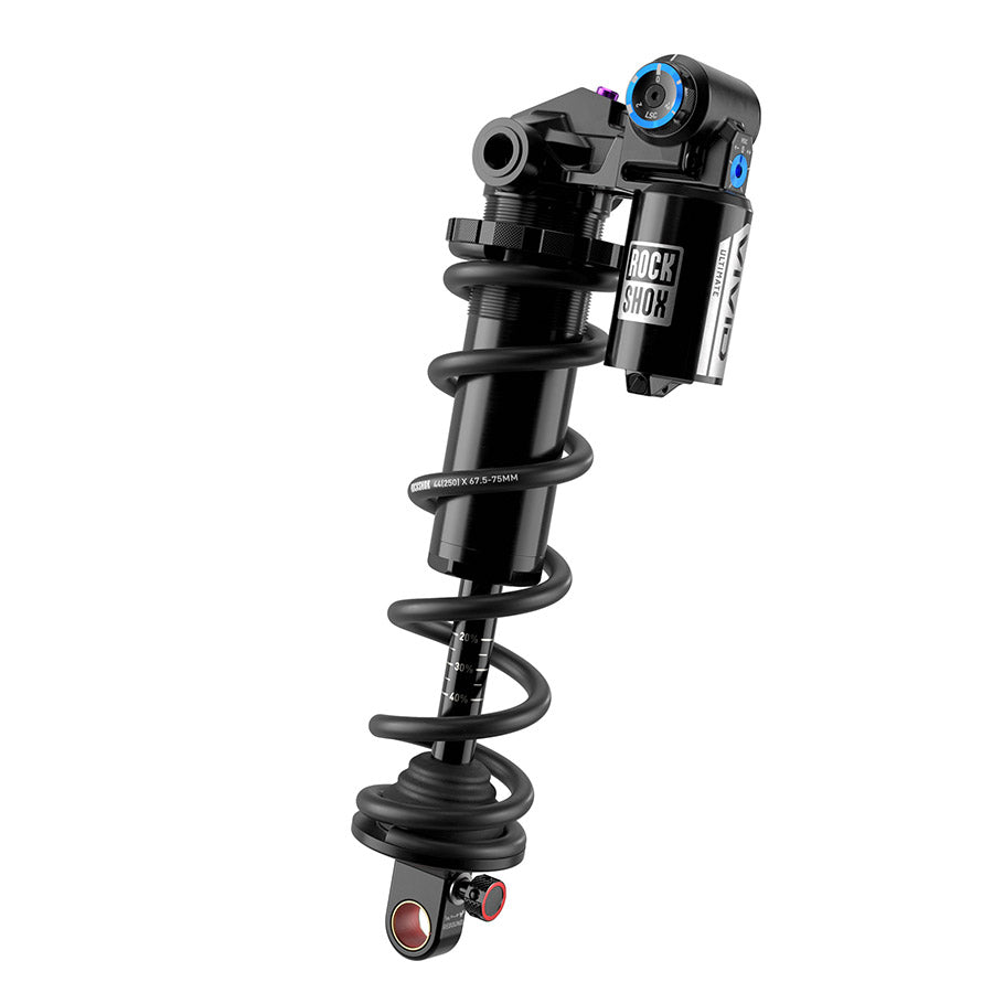 141000-06::1::141000-06::RockShox, Vivid Coil Ultimate DH D1, Amortisseur arrière, 225x70, Oeillet de tige: Standard, Oeillet de corps: Tourillon, Reb55/Comp34, Neck Valve5