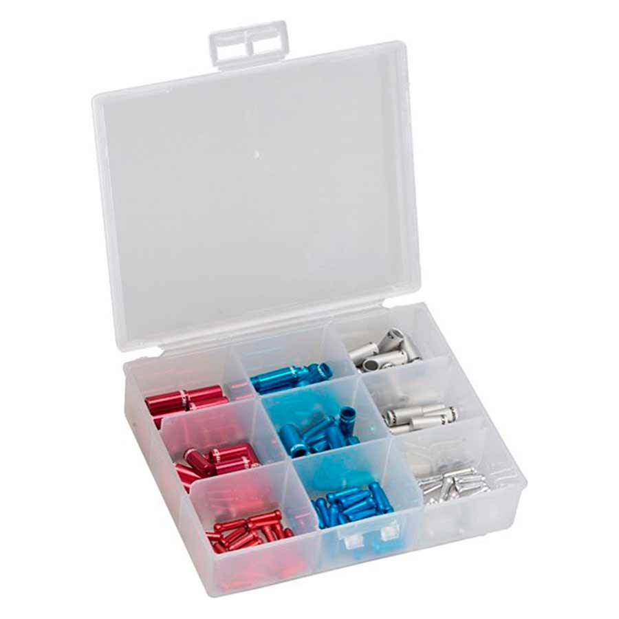 220319-01::0::220319-01::Jagwire, Boîte comprenant Emboûts de gaines 4 et 5mm ainsi que des embouts de câbles, Alliage, Rouge, Bleu, Argent