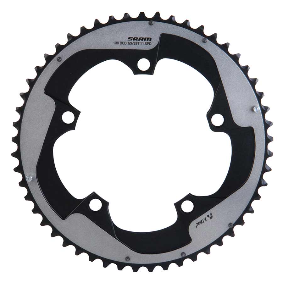 390621-01::0::390621-01::SRAM, 53D, 11vit, BCD: 130mm, 5 Boulons, Red22 X-Glide, Plateau Extérieur, Pour 39/53, Aluminium, Gris, 11.6218.009.000