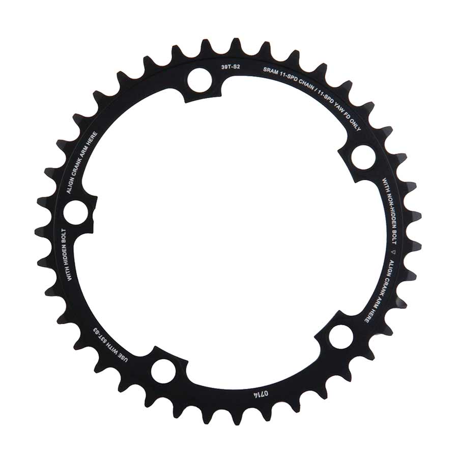 390623-01::0::390623-01::SRAM, 39D, 11vit, BCD: 130mm, 5 Boulons, X-Glide, Plateau Intérieur, Pour 39/53, Aluminium, Noir, 11.6218.009.005