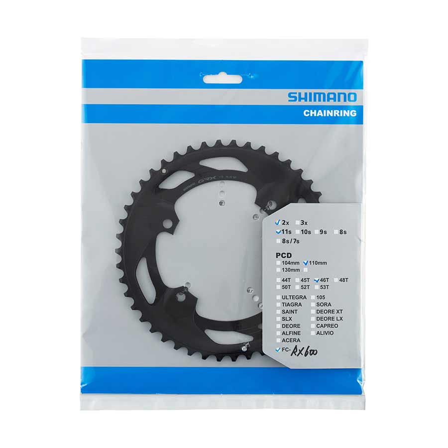 391110-03::1::391110-03::Shimano, GRX FC-RX600 2x10 / 2x11, Plateau, Dents: 46, Vitesses: 11, BCD: 110, Boulons: 4, Extérieur, Aluminium, Noir