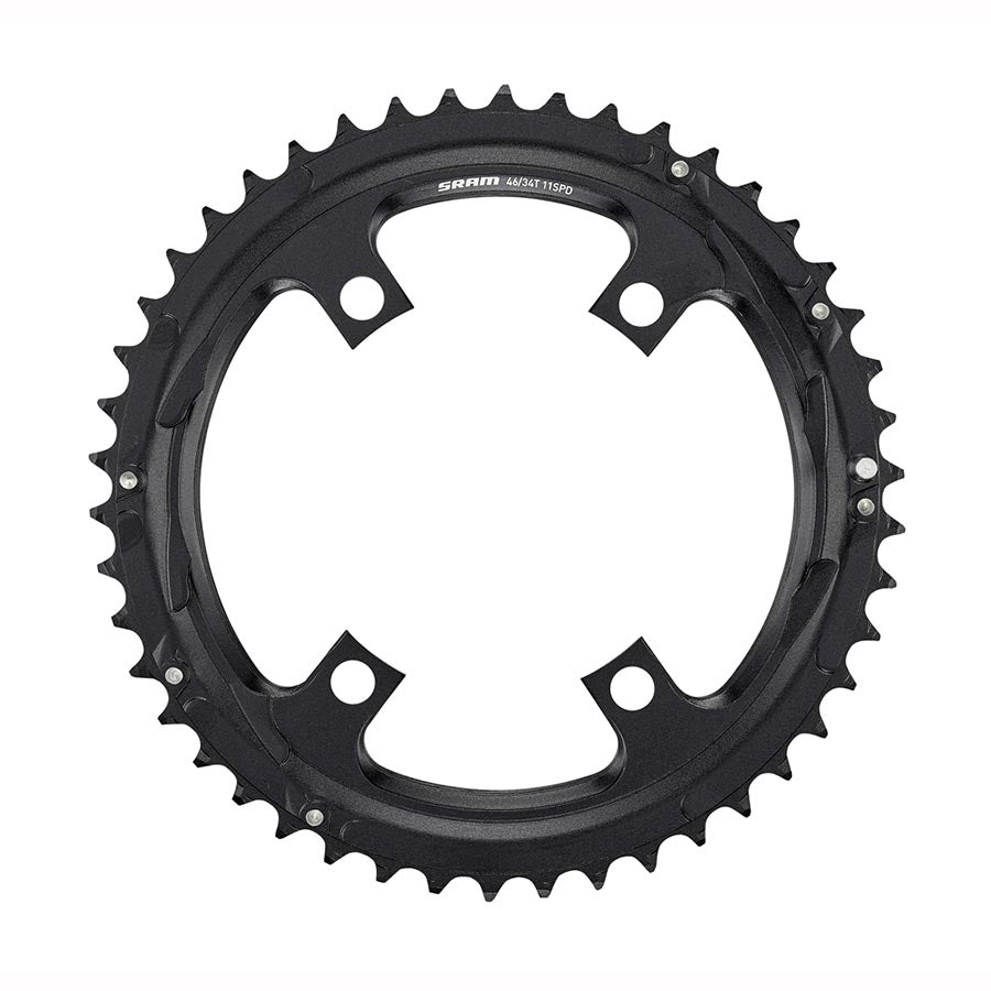 391140-02::0::391140-02::SRAM, Route 110mm Asymétrique, Plateau, Dents: 46, Vitesses: 11, BCD: 110, Boulons: 4, Extérieur, Aluminium, Noir