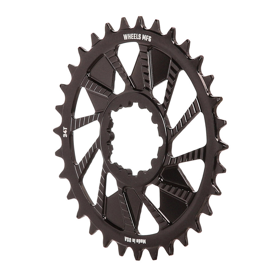391233-03::1::391233-03::Wheels Manufacturing, 3-Bolt T-Type, Plateau, Dents: 34, Vitesses: 12, BCD: Direct Mount SRAM 3 Boulons, Aluminium, Noir