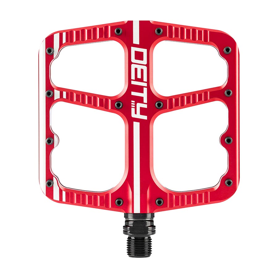 451152-02::0::451152-02::Deity, Flat Trak, Pédales plateformes, Corps: Aluminium, Axe: Cr-Mo, 9/16'', Rouge, Paire