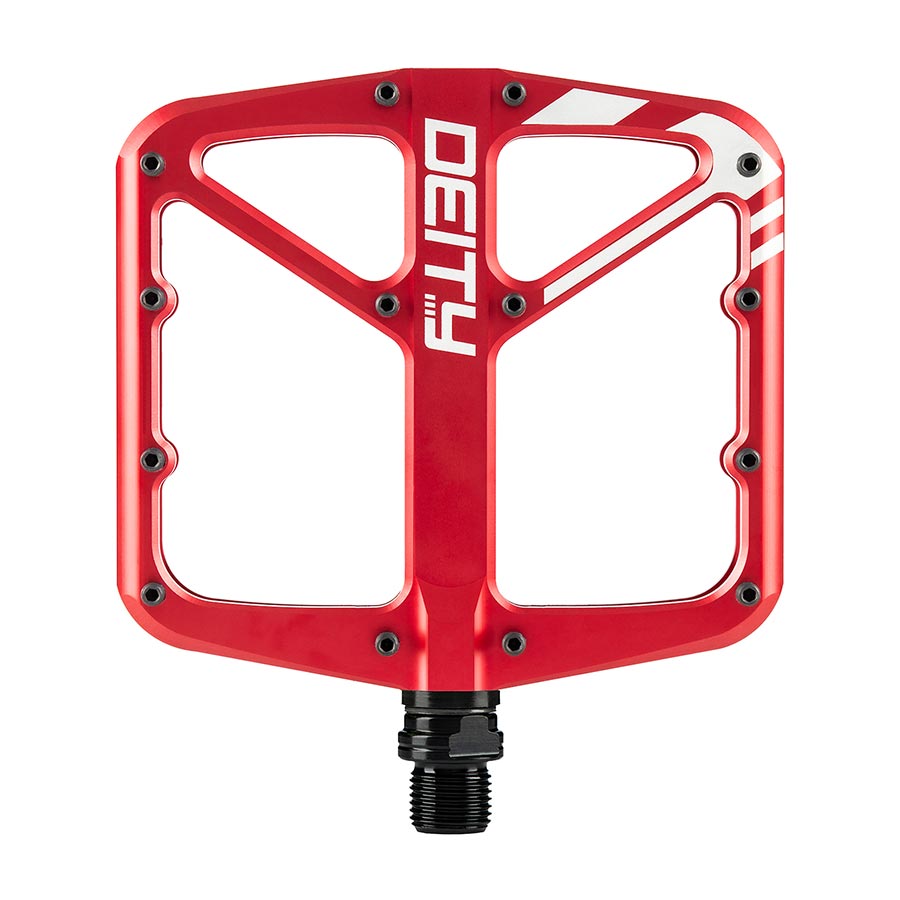 451153-02::0::451153-02::Deity, SuperVillain, Pédales plateformes, Corps: Aluminium, Axe: Cr-Mo, 9/16'', Rouge, Paire