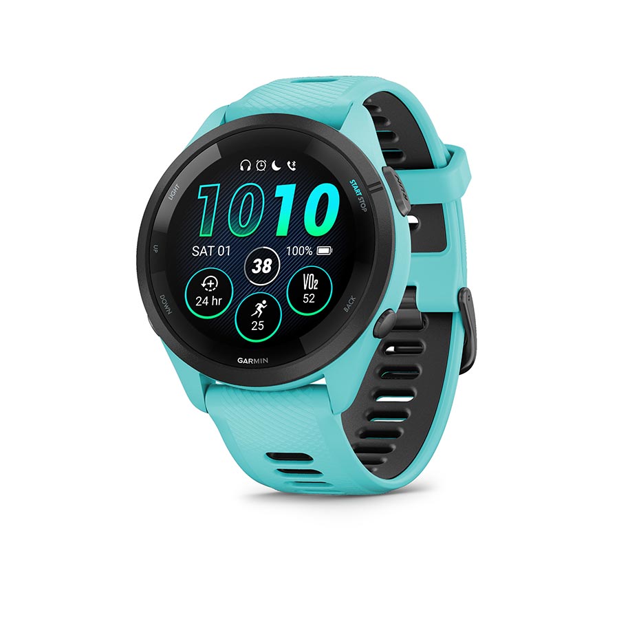 650484-02::0::650484-02::Garmin, Forerunner 265 Music, Montre, Couleur de la montre: Aqua, Bracelet: Aqua/Noir - Silicone