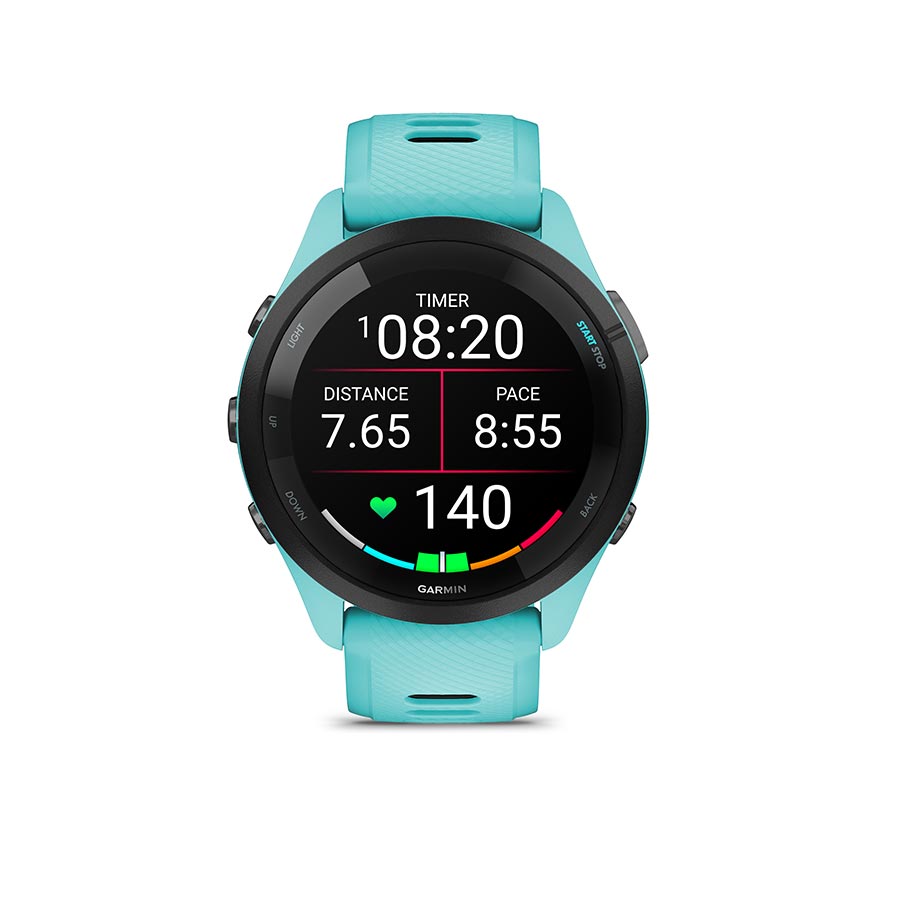 650484-02::1::650484-02::Garmin, Forerunner 265 Music, Montre, Couleur de la montre: Aqua, Bracelet: Aqua/Noir - Silicone