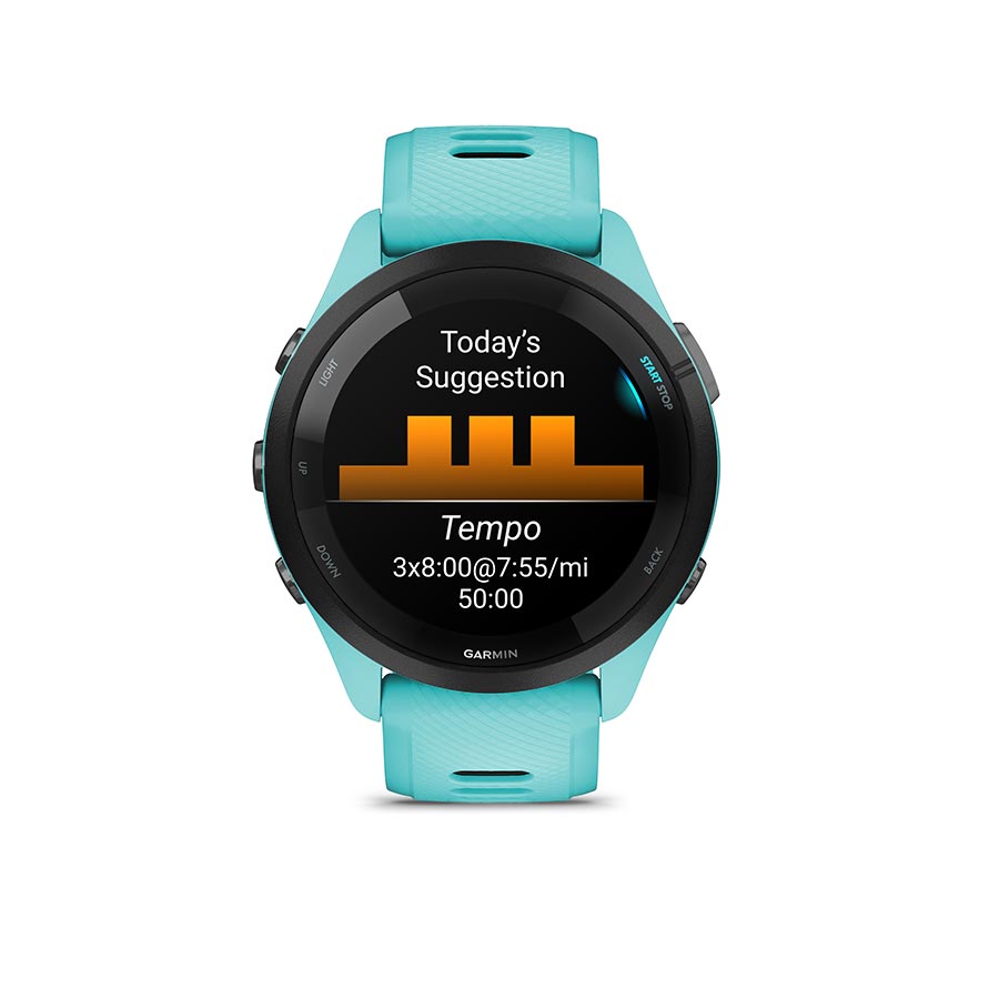 650484-02::3::650484-02::Garmin, Forerunner 265 Music, Montre, Couleur de la montre: Aqua, Bracelet: Aqua/Noir - Silicone